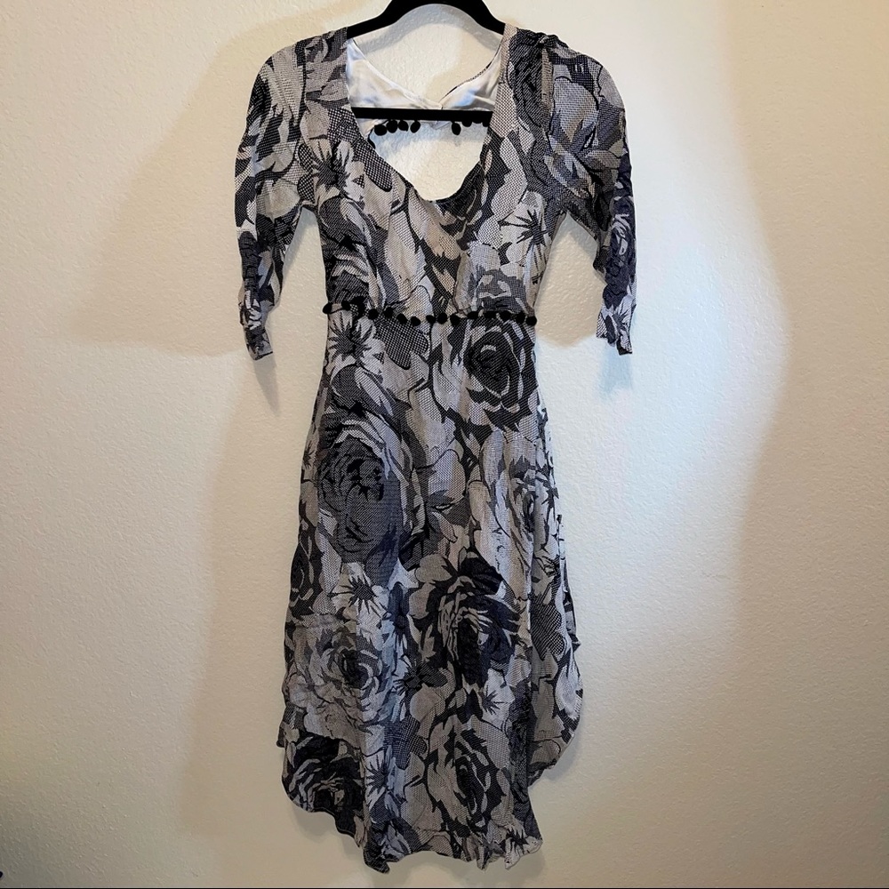 Line & Dot Revolve Cut Out Back Black & Gray Midi Floral Pom Pom Dress XS